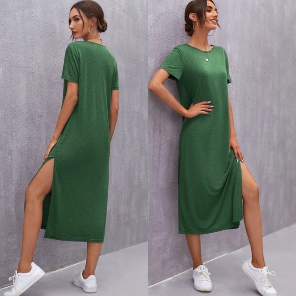 Short sleeve midi length slit tee dress casual boho black - Picture 4 of 10